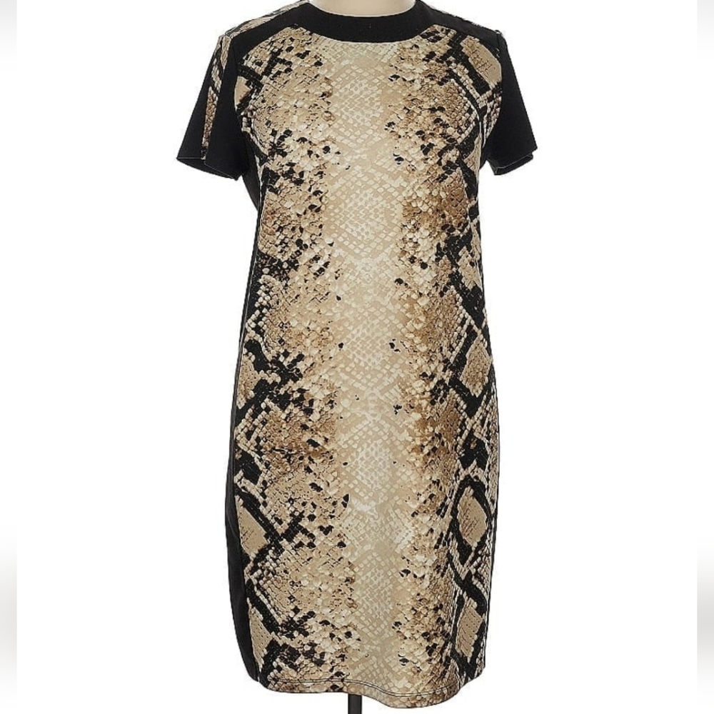 IMAN Short Sleeve Jewel Neck Snake Print Sheath Dress, XL, Black Multi